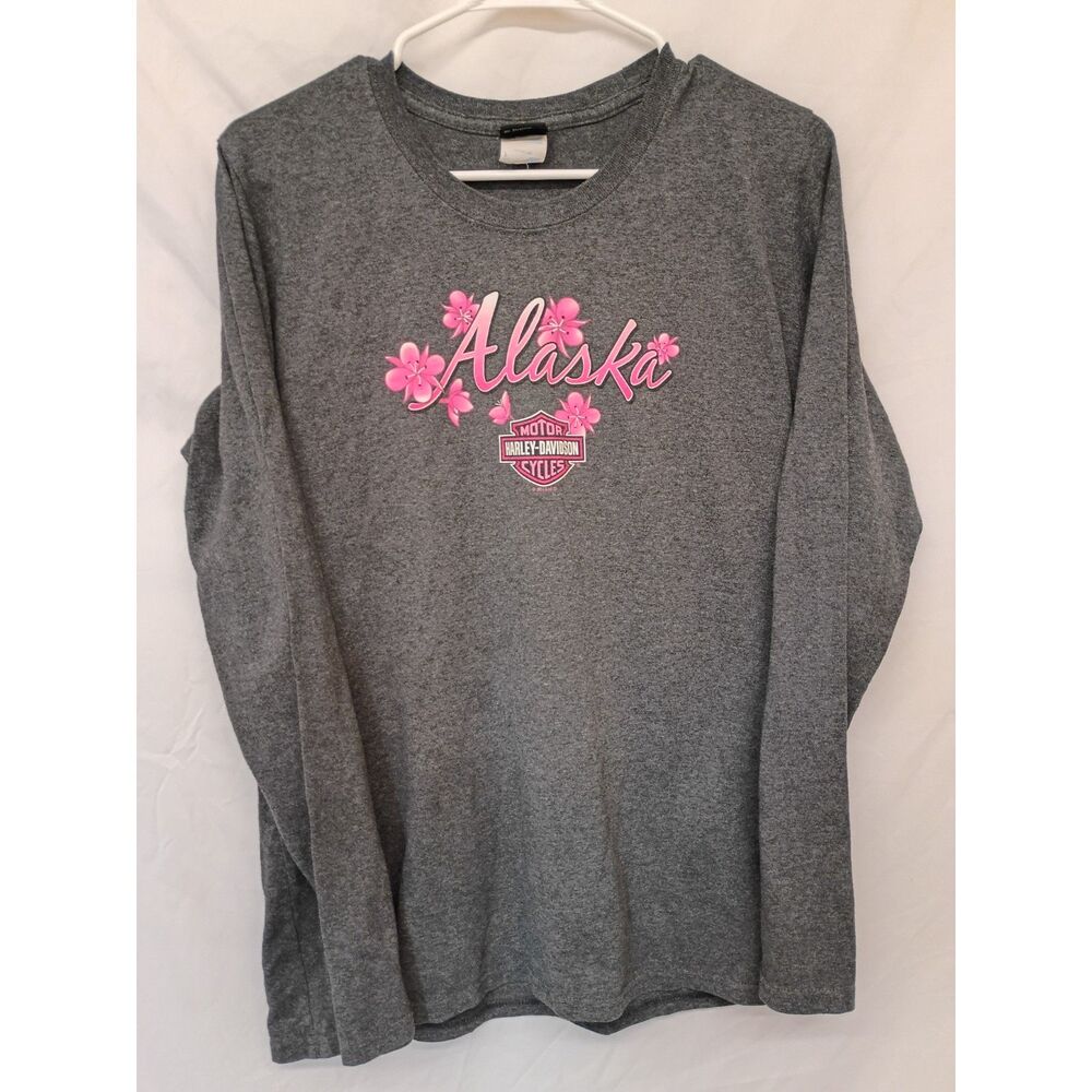 Harley Davidson Alaska Long Sleeve Shirt L Gray Pink Floral Chilkoot Pass Skagwa